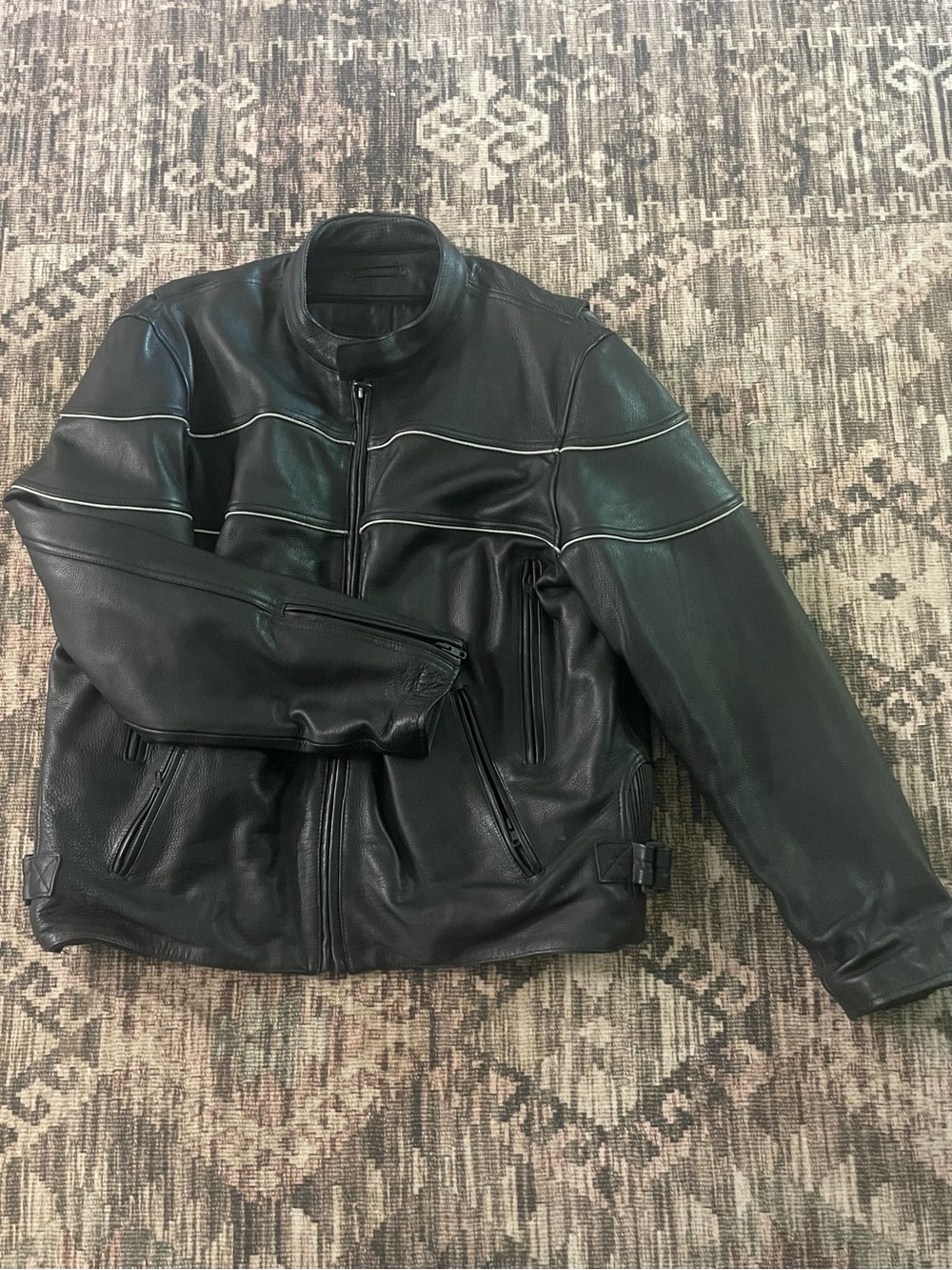 Wilsons Leather Black Men's Leather Motorcycle Bomber Jacket w/Reflector Piping